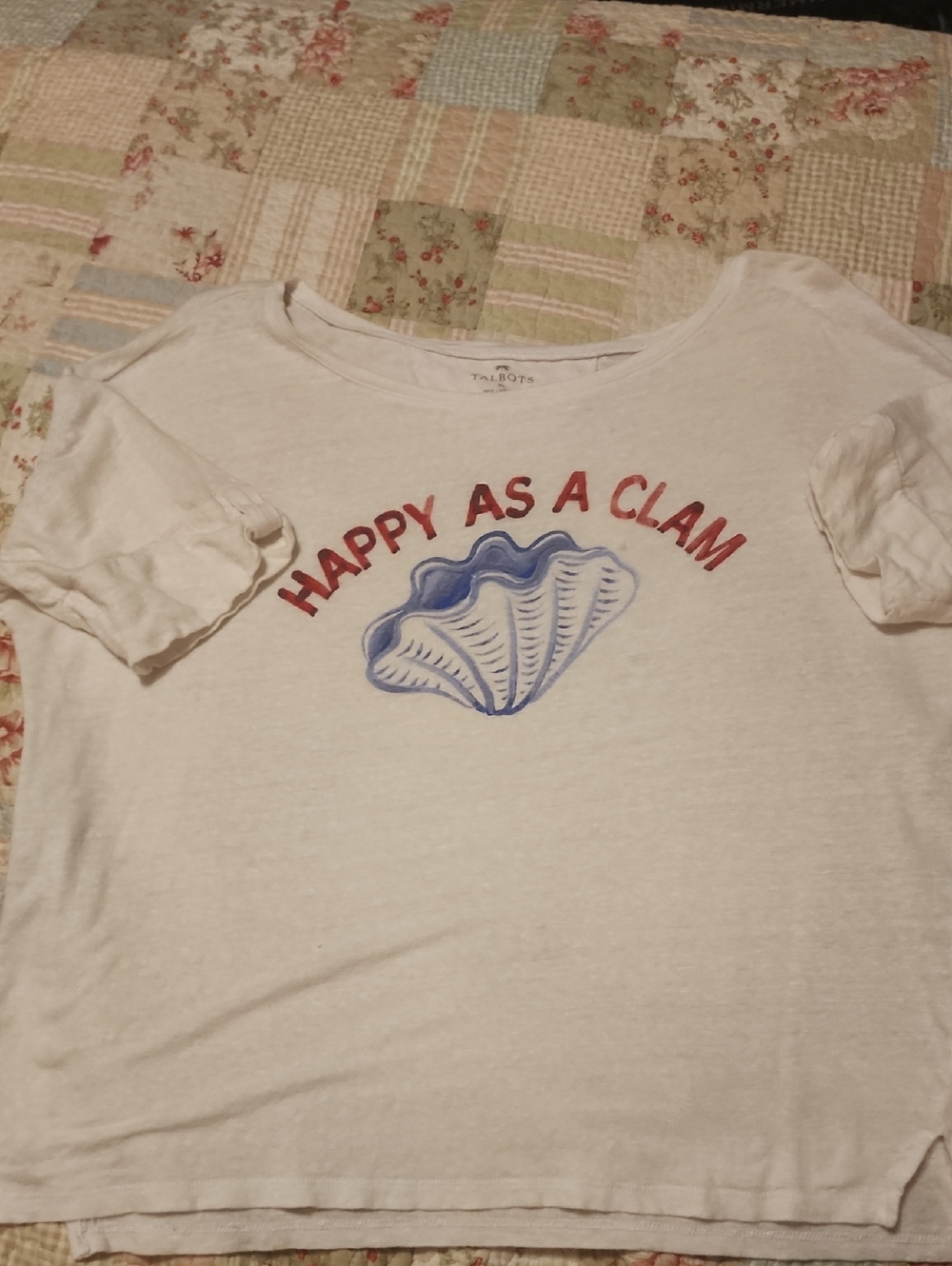 Talbots White Tee with Blue Shell and Red Slogan